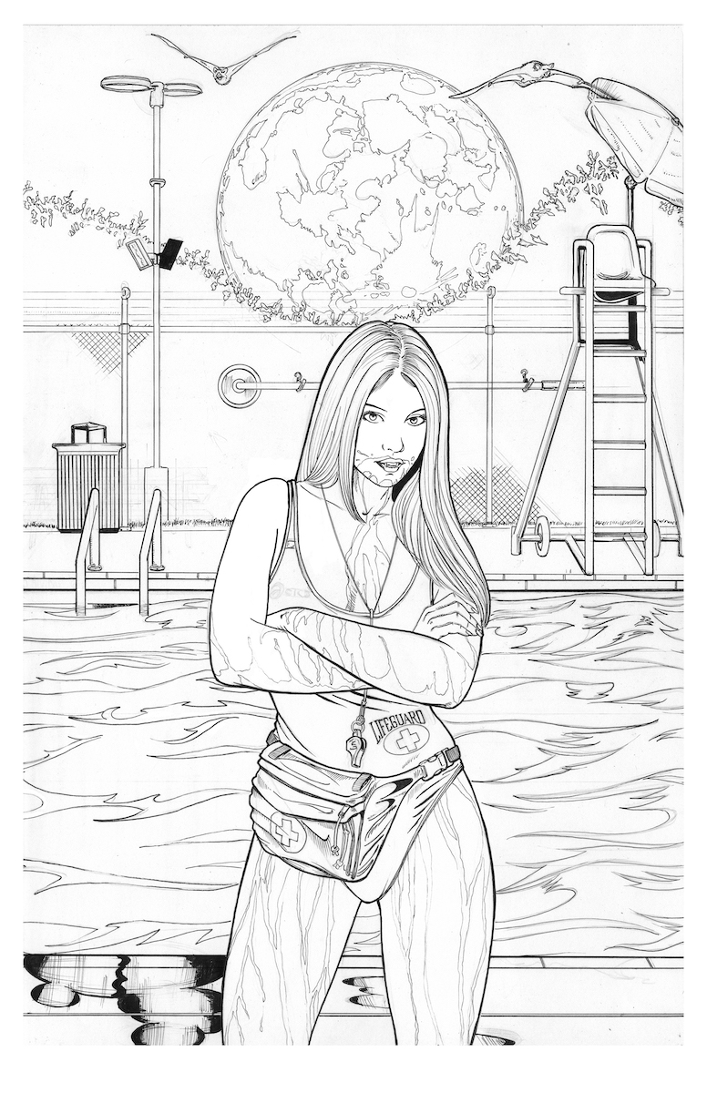 Black and white pinup art of Angel by the pool under a full moon.