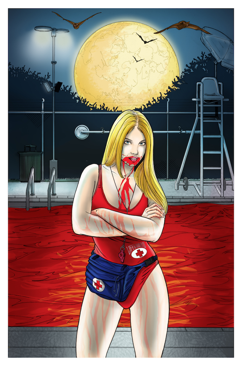 Full color pinup art of Angel by the pool under a full moon.
